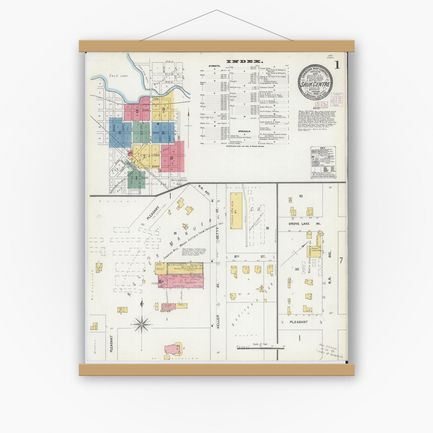 Old map wall art mockup — magnetic wood frame on white wall — Sanborn Fire Insurance Map from Sauk Centre, Stearns County, Minnesota (1903) - Complete Map Set