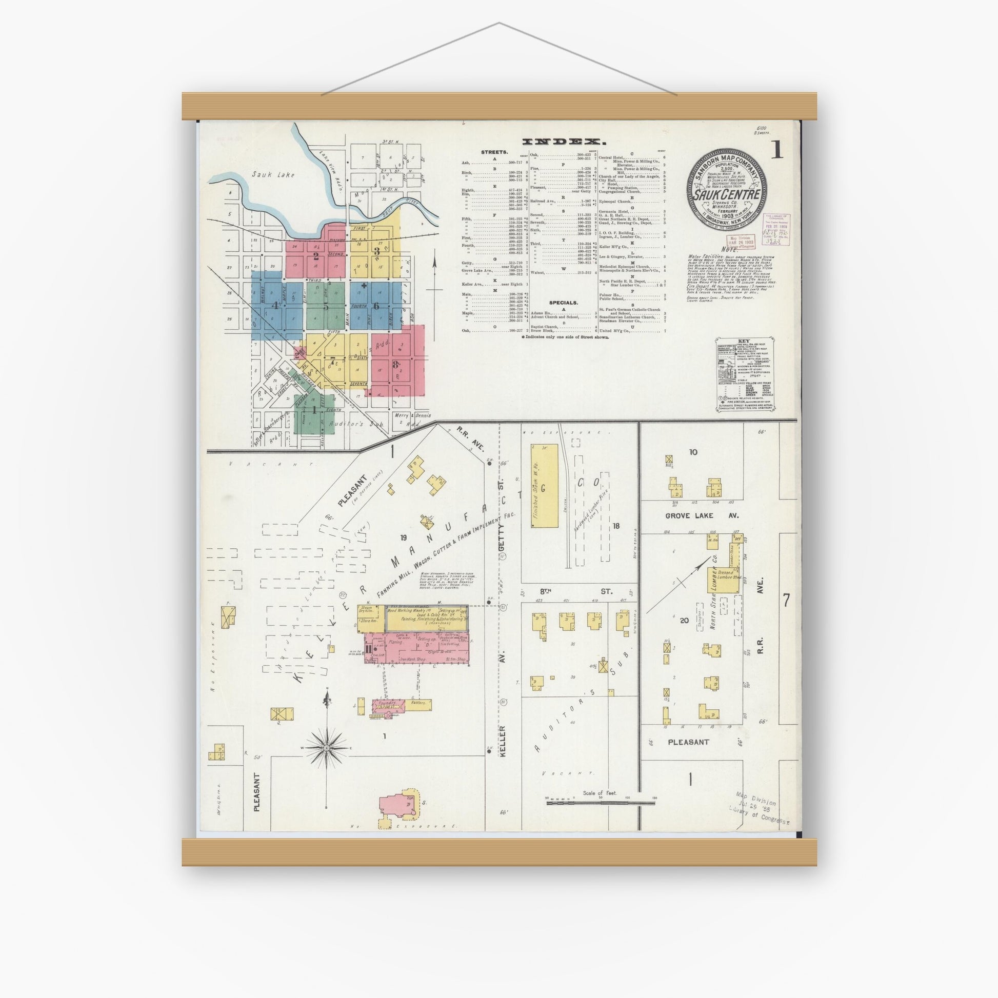 Old map wall art mockup — magnetic wood frame on white wall — Sanborn Fire Insurance Map from Sauk Centre, Stearns County, Minnesota (1903) - Complete Map Set