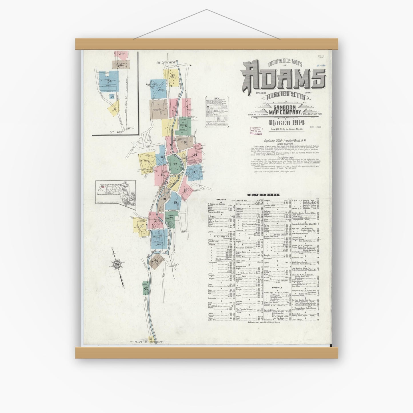 Old map wall art mockup — magnetic wood frame on white wall — Sanborn Fire Insurance Map from Adams, Berkshire County, Massachusetts (1914), Sheet #0001
