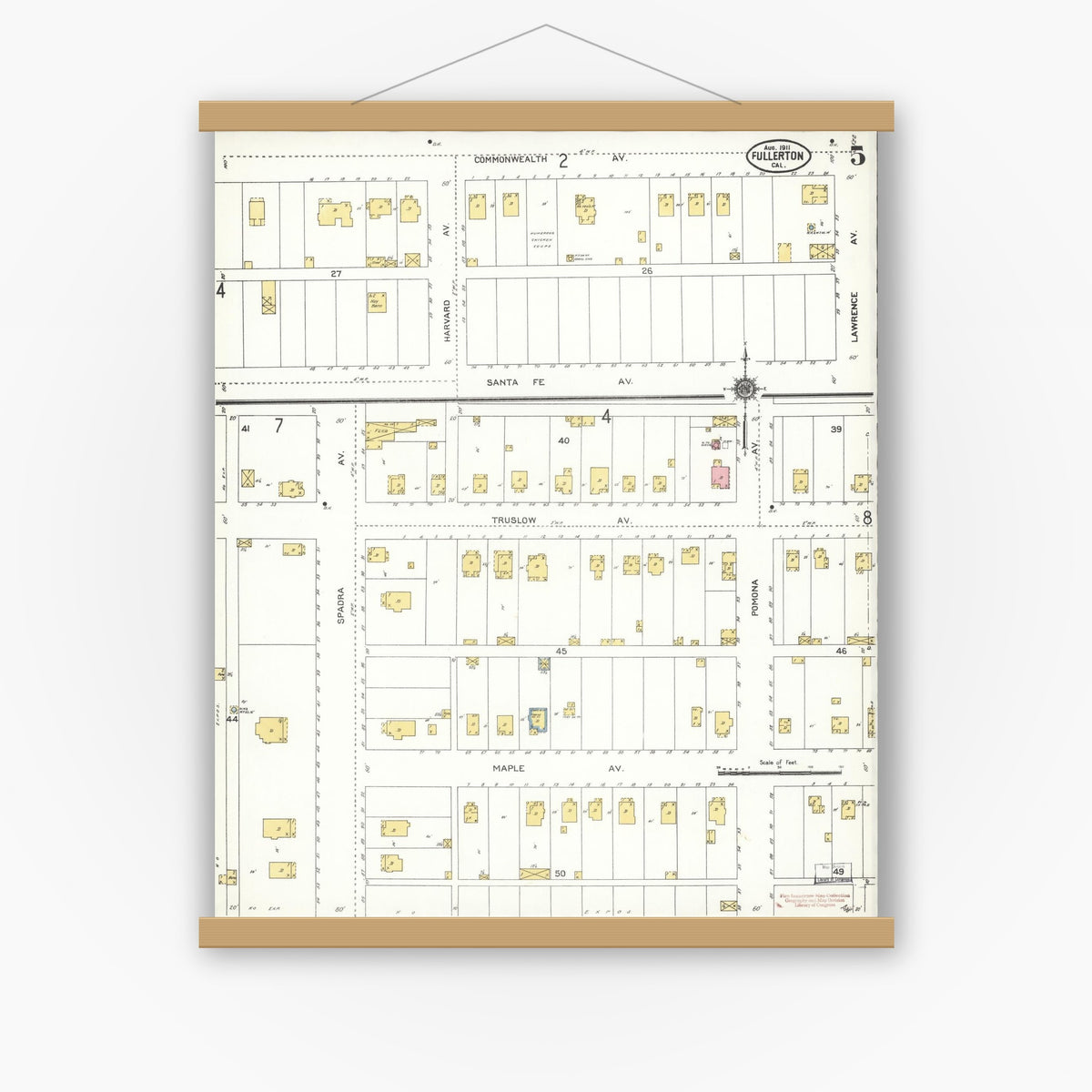 Old map wall art mockup — magnetic wood frame on white wall — Sanborn Fire Insurance Map from Fullerton, Orange County, California (1911), Sheet #0005