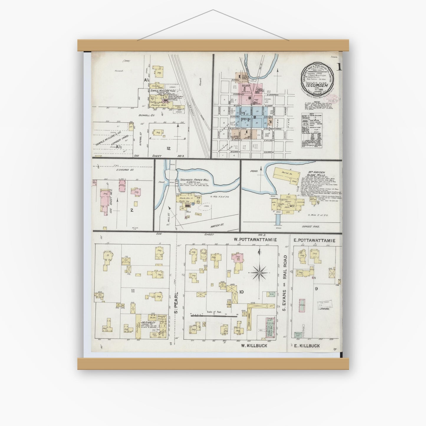 Old map wall art mockup — magnetic wood frame on white wall — Sanborn Fire Insurance Map from Tecumseh, Lenawee County, Michigan (1888) - Complete Map Set