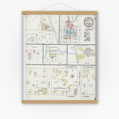 Old map wall art mockup — magnetic wood frame on white wall — Sanborn Fire Insurance Map from Tecumseh, Lenawee County, Michigan (1888) - Complete Map Set
