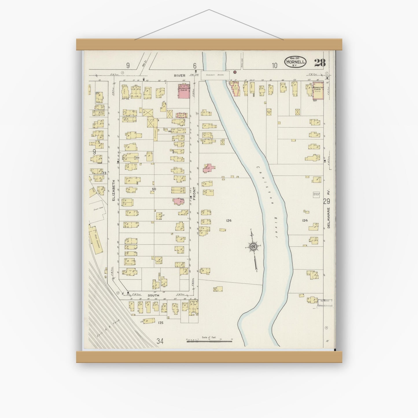 Old map wall art mockup — magnetic wood frame on white wall — Sanborn Fire Insurance Map from Hornell, Steuben County, New York (1915), Sheet #0028