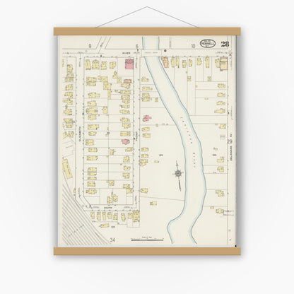 Old map wall art mockup — magnetic wood frame on white wall — Sanborn Fire Insurance Map from Hornell, Steuben County, New York (1915), Sheet #0028