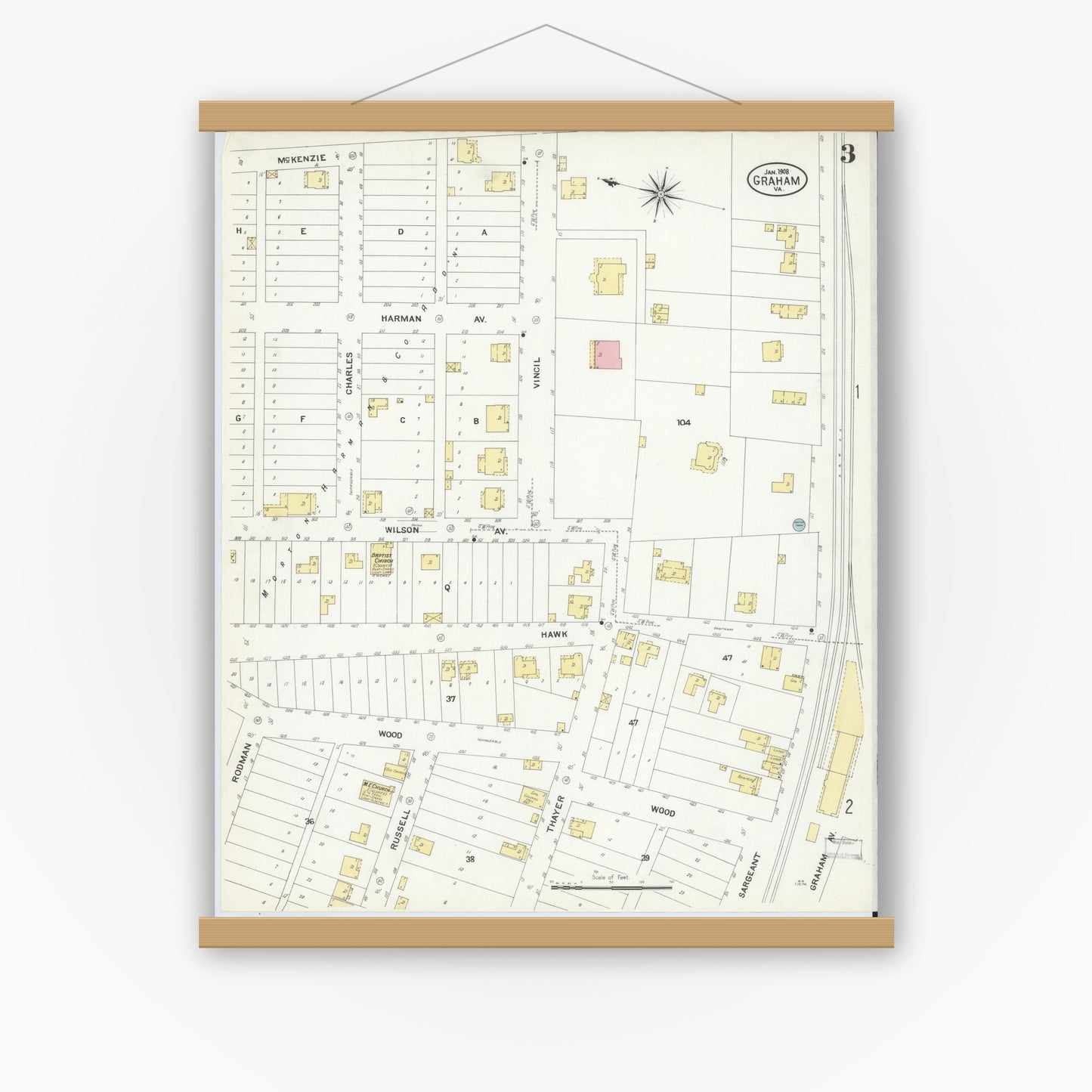 Old map wall art mockup — magnetic wood frame on white wall — Sanborn Fire Insurance Map from Graham, Tazewell County, Virginia (1908), Sheet #0003