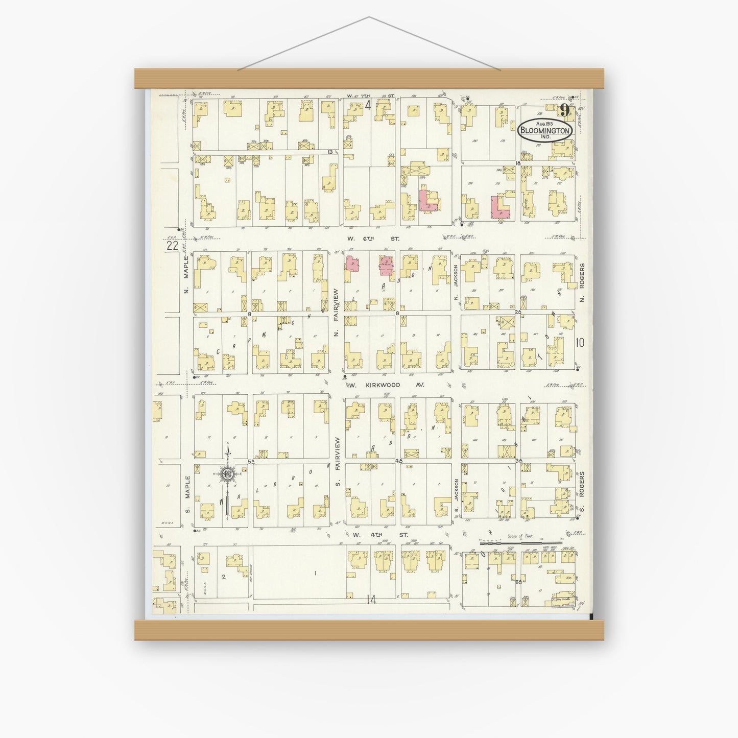 Old map wall art mockup — magnetic wood frame on white wall — Sanborn Fire Insurance Map from Bloomington, Monroe County, Indiana (1913), Sheet #0009