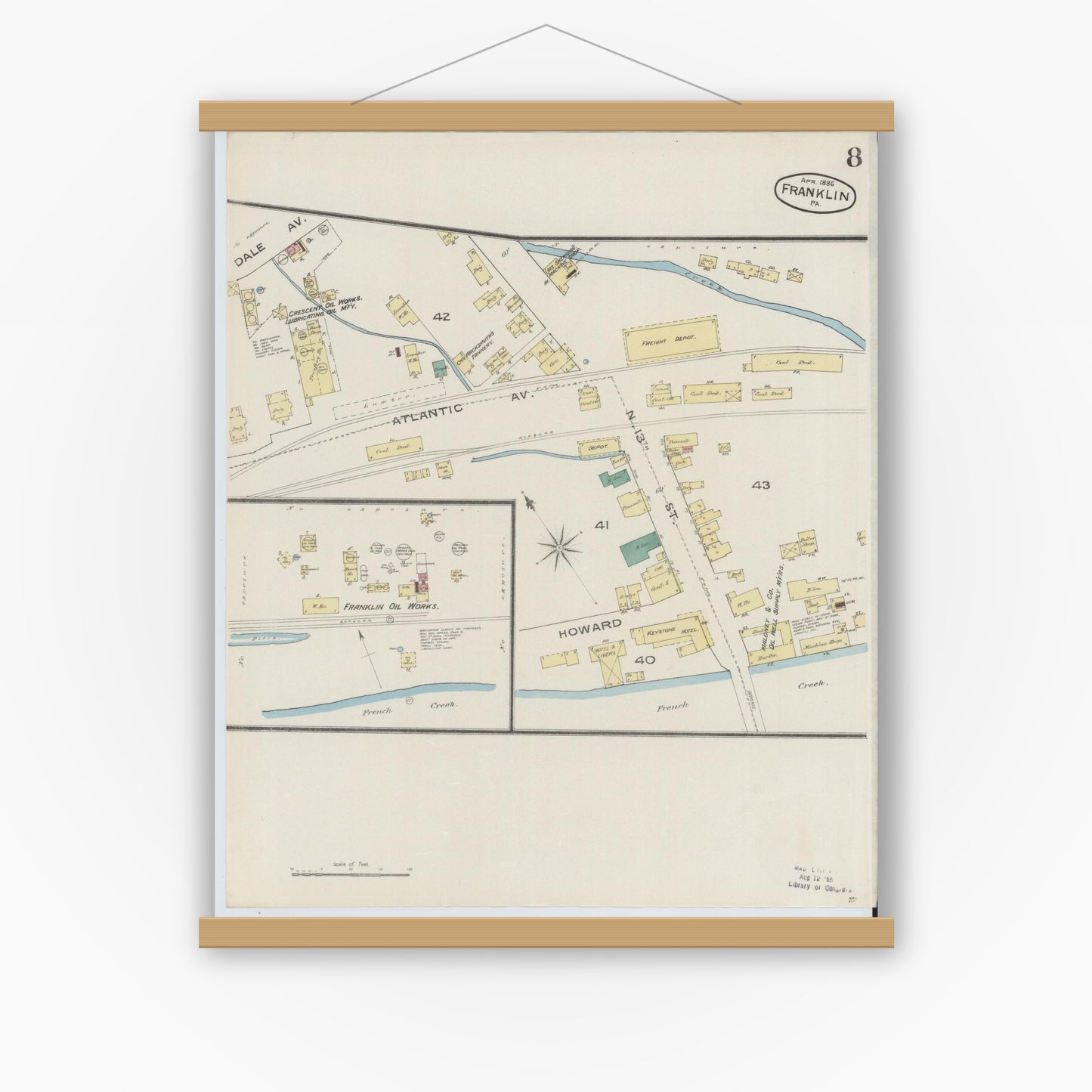 Old map wall art mockup — magnetic wood frame on white wall — Sanborn Fire Insurance Map from Franklin, Venango County, Pennsylvania (1888), Sheet #0008