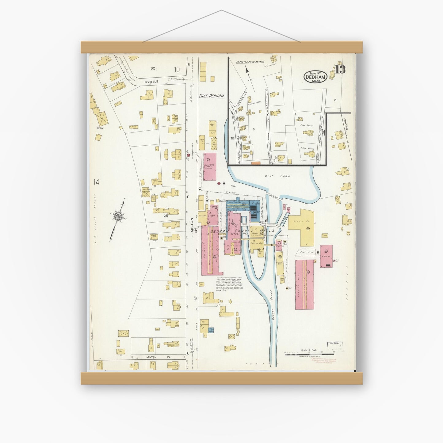 Old map wall art mockup — magnetic wood frame on white wall — Sanborn Fire Insurance Map from Dedham, Norfolk County, Massachusetts (1917), Sheet #0013