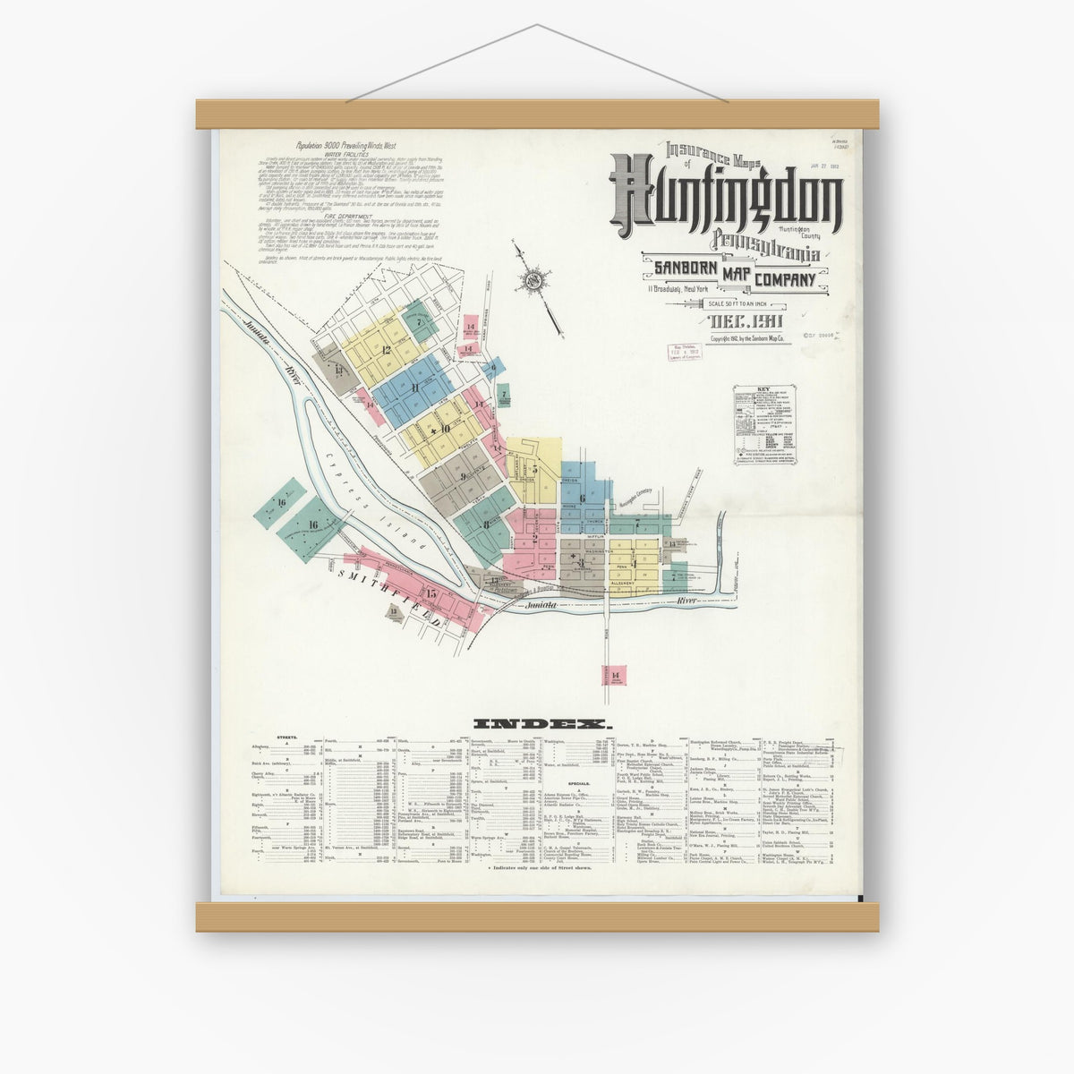 Old map wall art mockup — magnetic wood frame on white wall — Sanborn Fire Insurance Map from Huntingdon, Huntingdon County, Pennsylvania (1911) - Complete Map Set