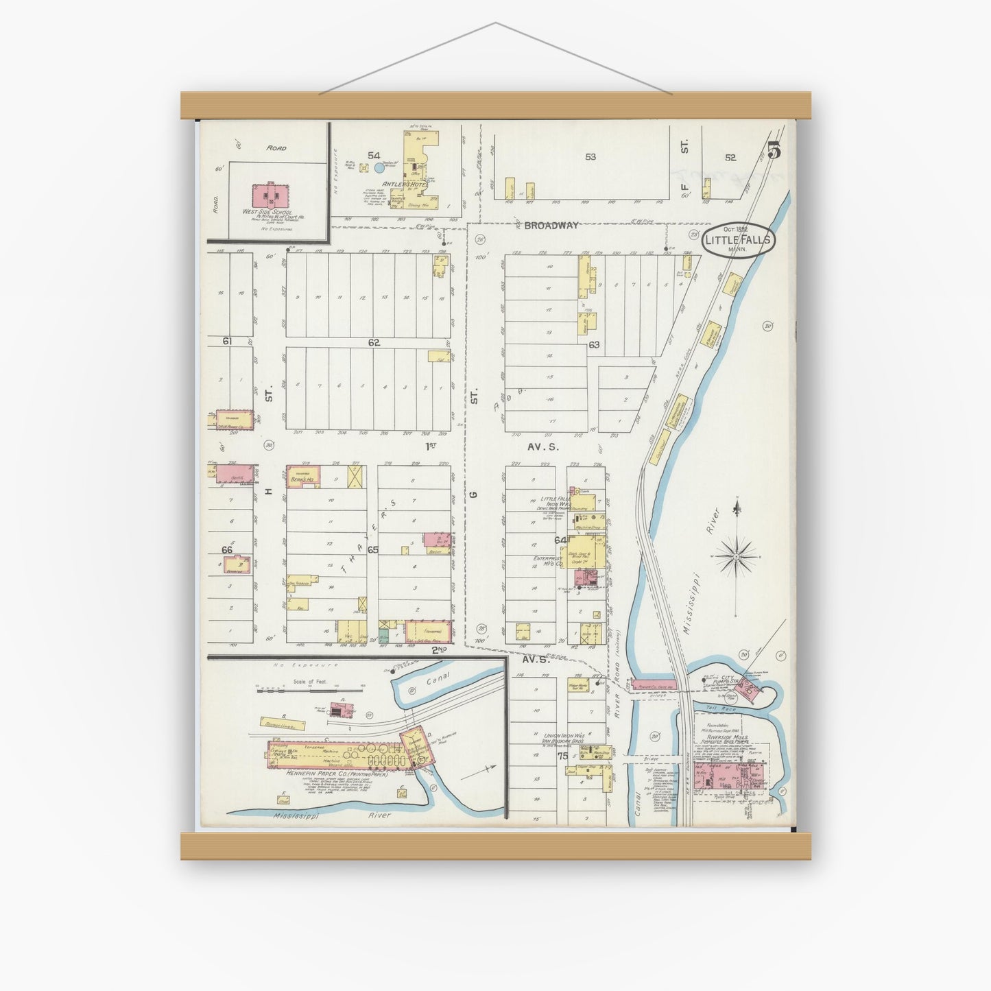 Old map wall art mockup — magnetic wood frame on white wall — Sanborn Fire Insurance Map from Little Falls, Morrison County, Minnesota (1892), Sheet #0005