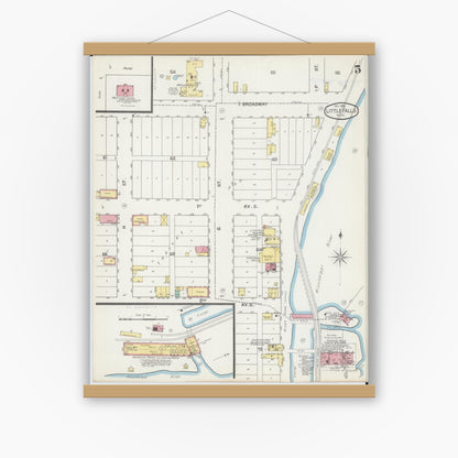 Old map wall art mockup — magnetic wood frame on white wall — Sanborn Fire Insurance Map from Little Falls, Morrison County, Minnesota (1892), Sheet #0005