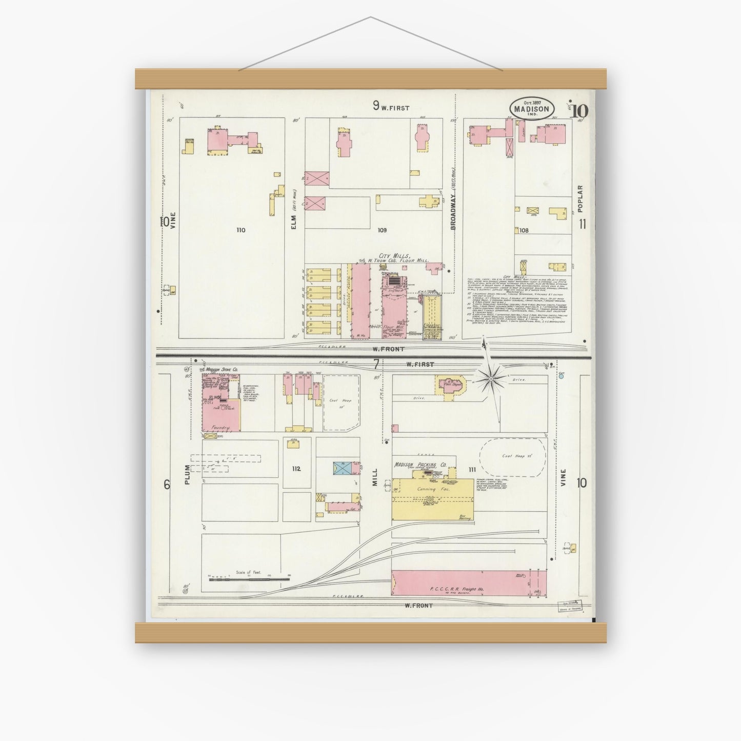 Old map wall art mockup — magnetic wood frame on white wall — Sanborn Fire Insurance Map from Madison, Jefferson County, Indiana (1897), Sheet #0010