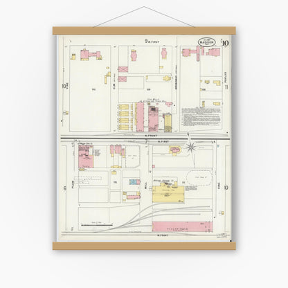 Old map wall art mockup — magnetic wood frame on white wall — Sanborn Fire Insurance Map from Madison, Jefferson County, Indiana (1897), Sheet #0010