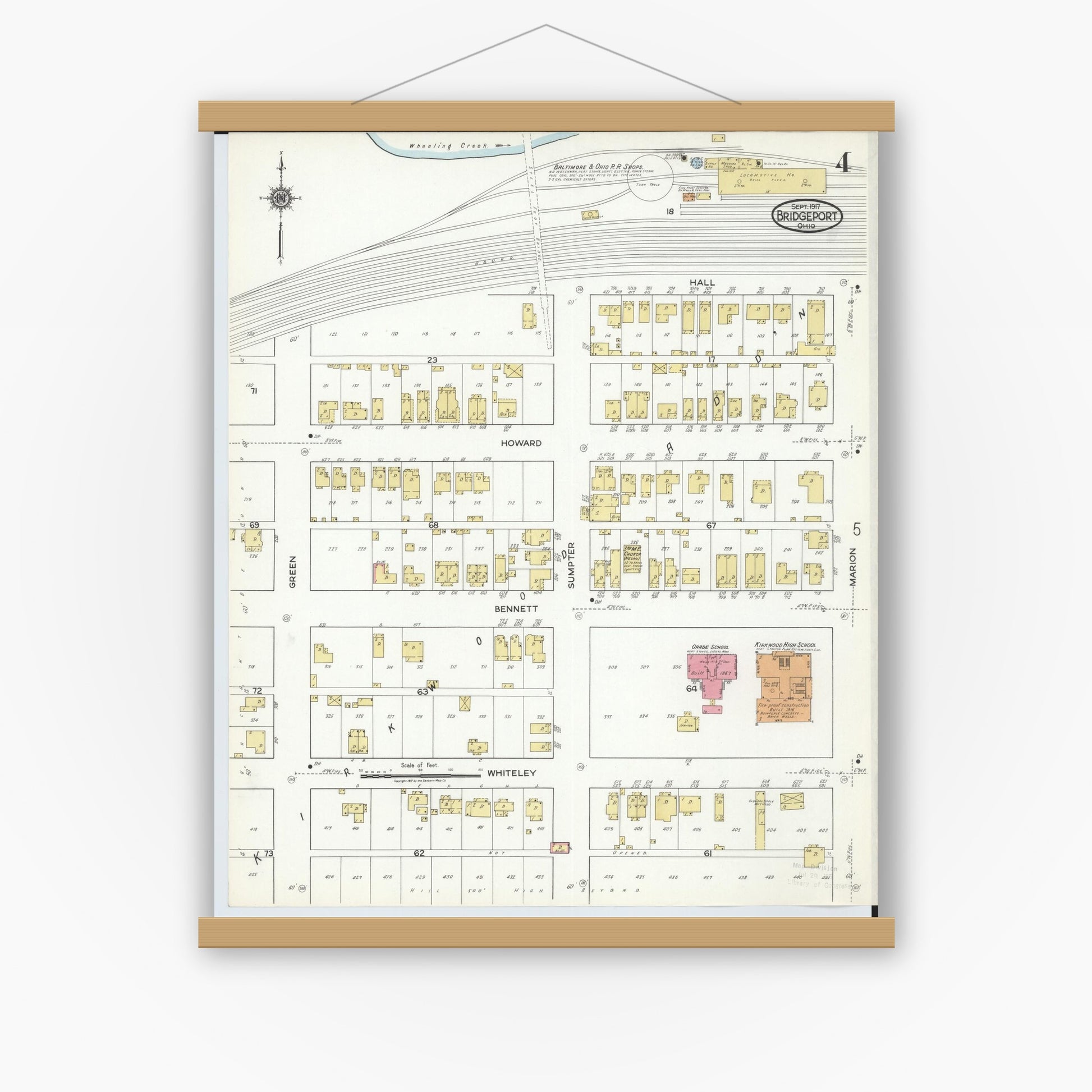 Old map wall art mockup — magnetic wood frame on white wall — Sanborn Fire Insurance Map from Bridgeport, Belmont County, Ohio (1917), Sheet #0004