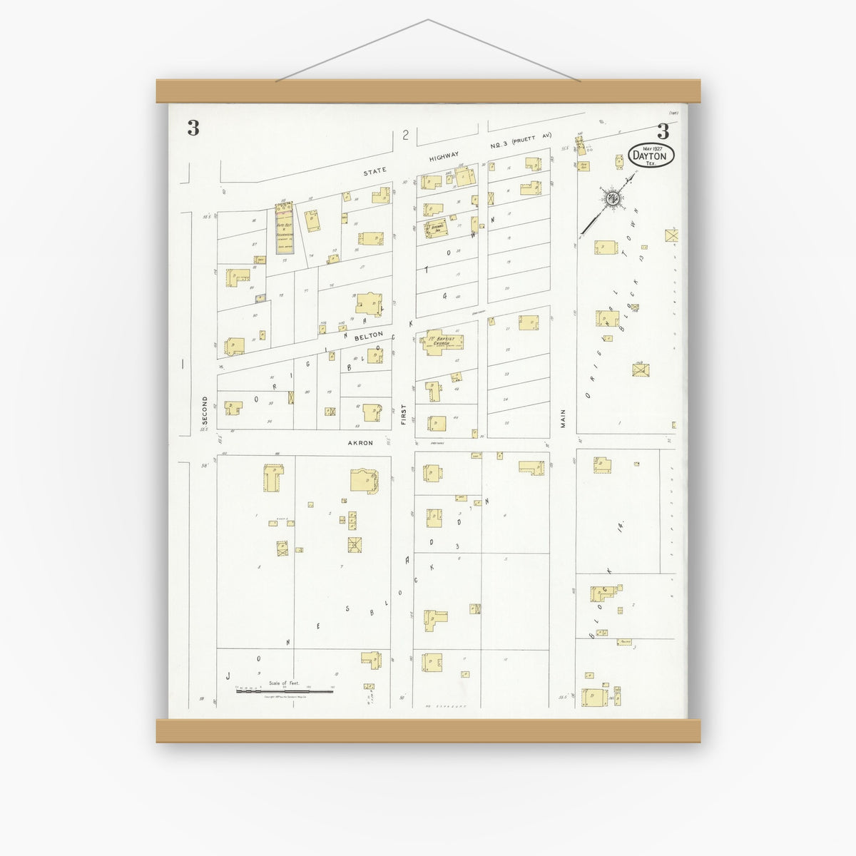 Old map wall art mockup — magnetic wood frame on white wall — Sanborn Fire Insurance Map from Dayton, Liberty County, Texas (1927), Sheet #0003
