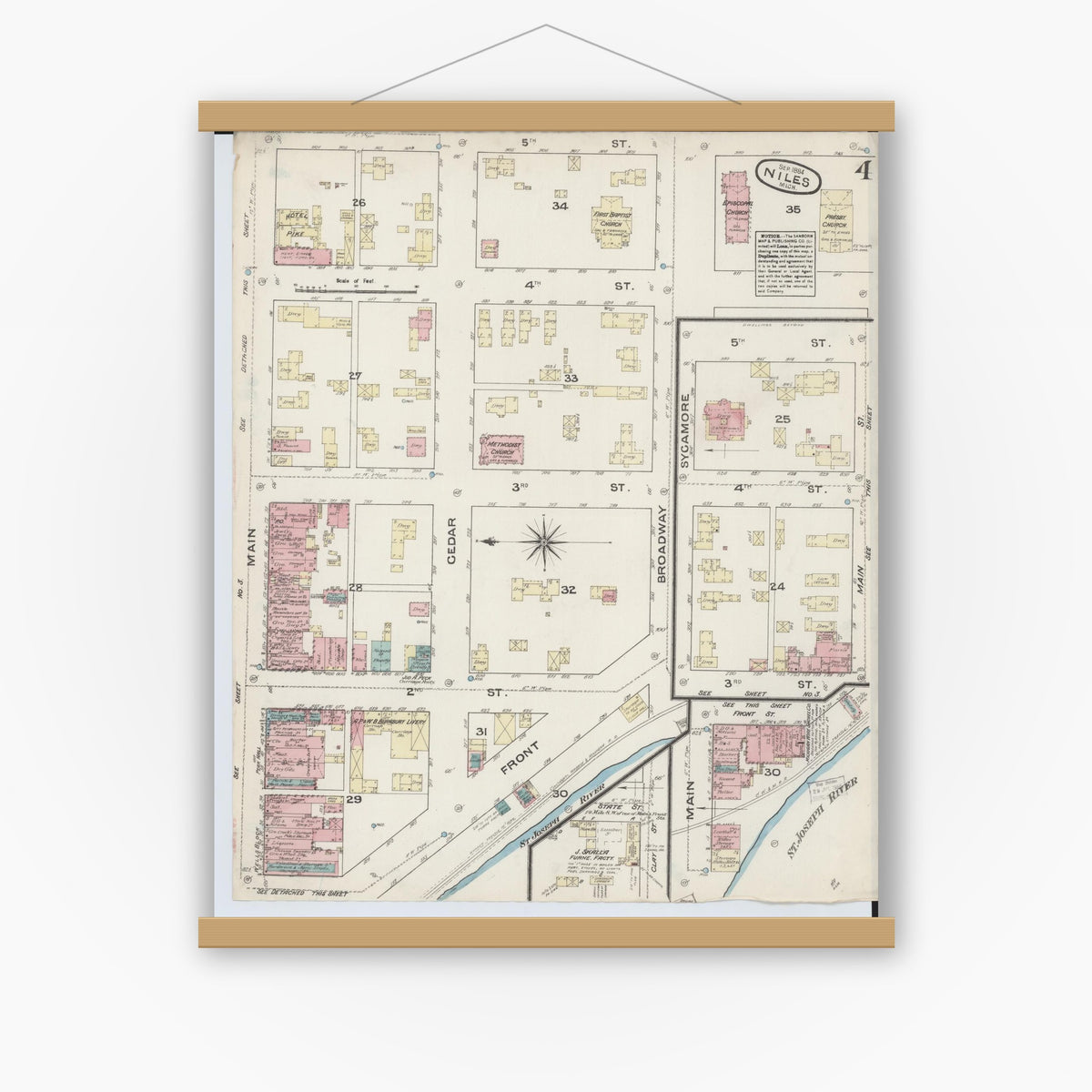 Old map wall art mockup — magnetic wood frame on white wall — Sanborn Fire Insurance Map from Niles, Berrien County, Michigan (1884), Sheet #0004