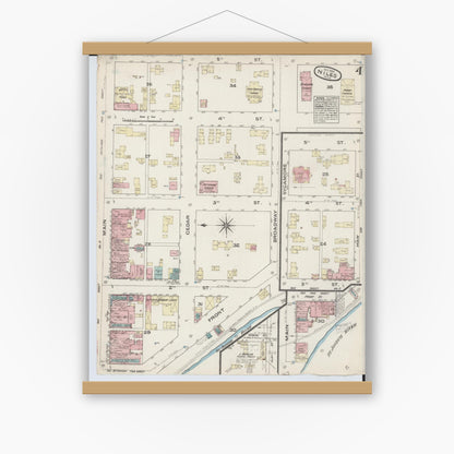 Old map wall art mockup — magnetic wood frame on white wall — Sanborn Fire Insurance Map from Niles, Berrien County, Michigan (1884), Sheet #0004