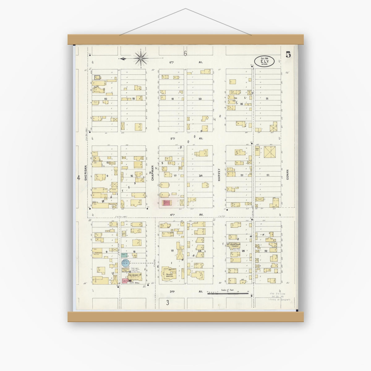 Old map wall art mockup — magnetic wood frame on white wall — Sanborn Fire Insurance Map from Ely, Saint Louis County, Minnesota (1906), Sheet #0005