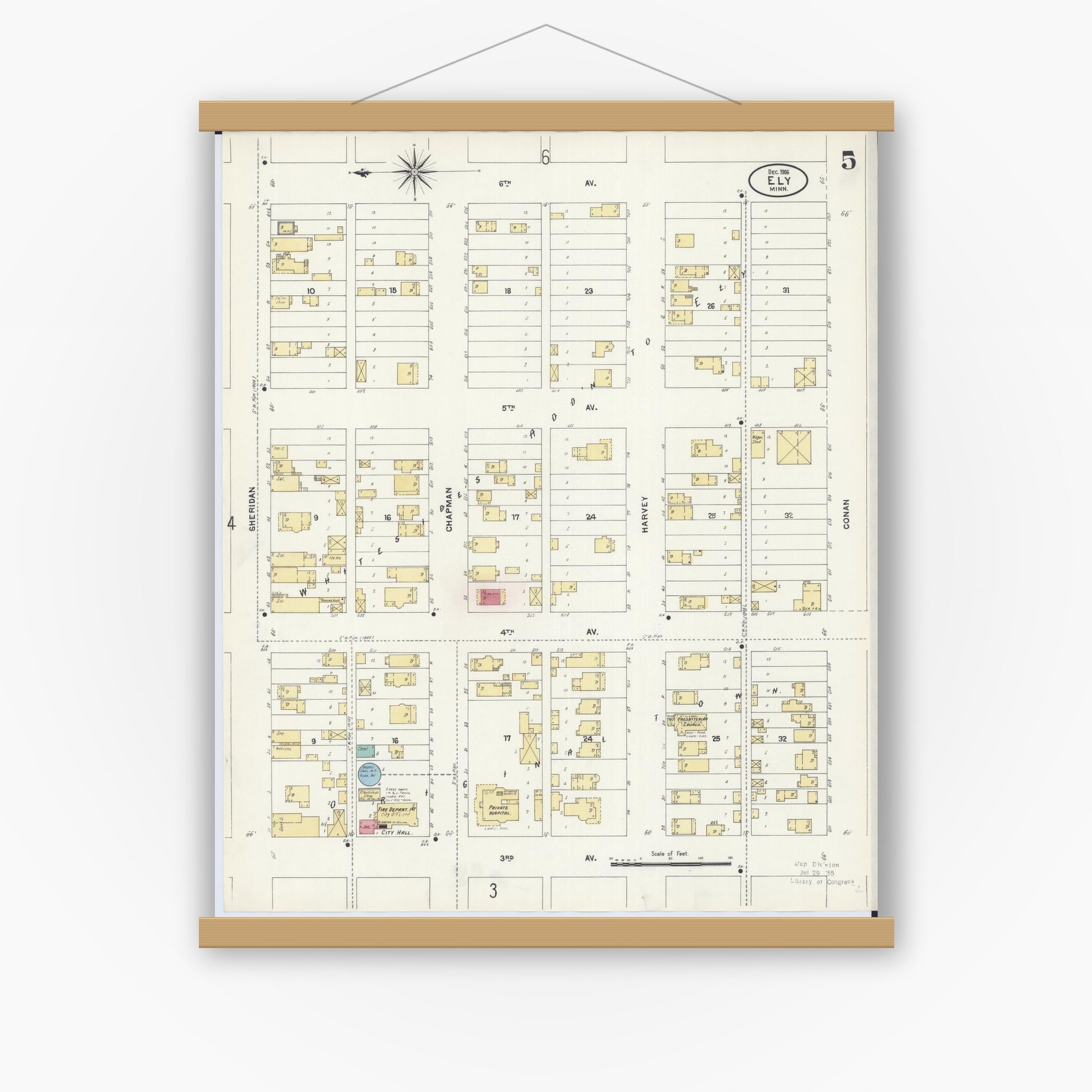 Old map wall art mockup — magnetic wood frame on white wall — Sanborn Fire Insurance Map from Ely, Saint Louis County, Minnesota (1906), Sheet #0005