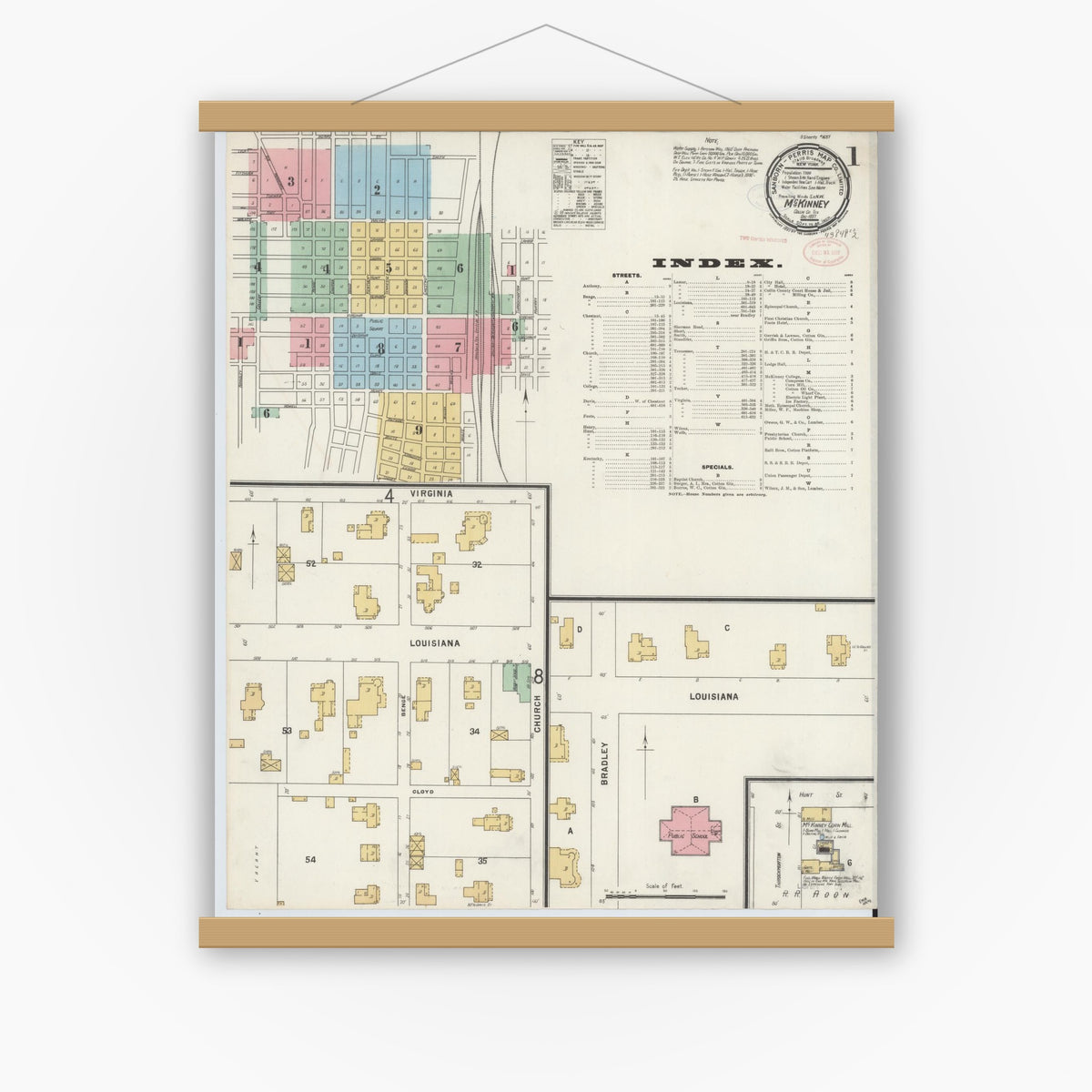 Old map wall art mockup — magnetic wood frame on white wall — Sanborn Fire Insurance Map from McKinney, Collin County, Texas (1897) - Complete Map Set