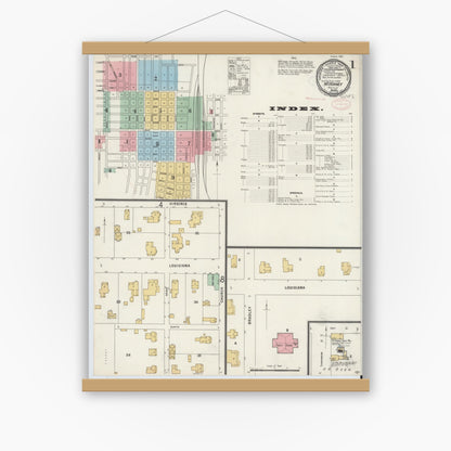 Old map wall art mockup — magnetic wood frame on white wall — Sanborn Fire Insurance Map from McKinney, Collin County, Texas (1897) - Complete Map Set