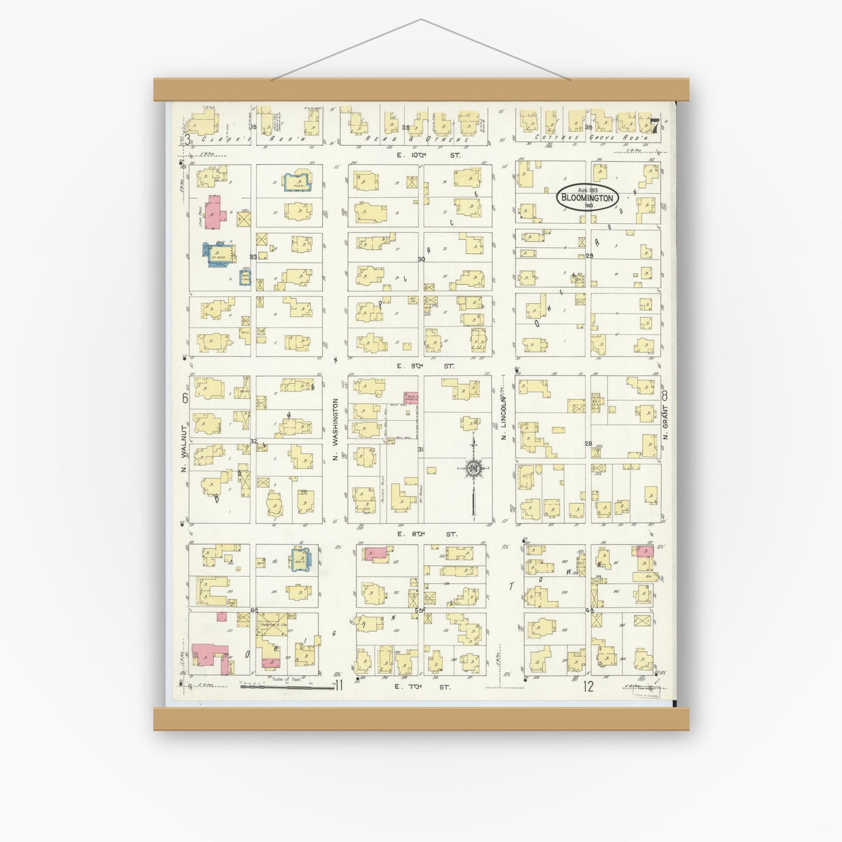Old map wall art mockup — magnetic wood frame on white wall — Sanborn Fire Insurance Map from Bloomington, Monroe County, Indiana (1913), Sheet #0007