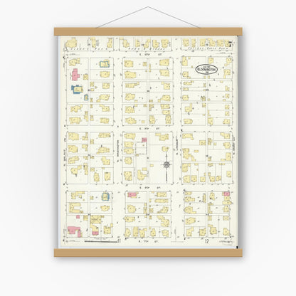 Old map wall art mockup — magnetic wood frame on white wall — Sanborn Fire Insurance Map from Bloomington, Monroe County, Indiana (1913), Sheet #0007