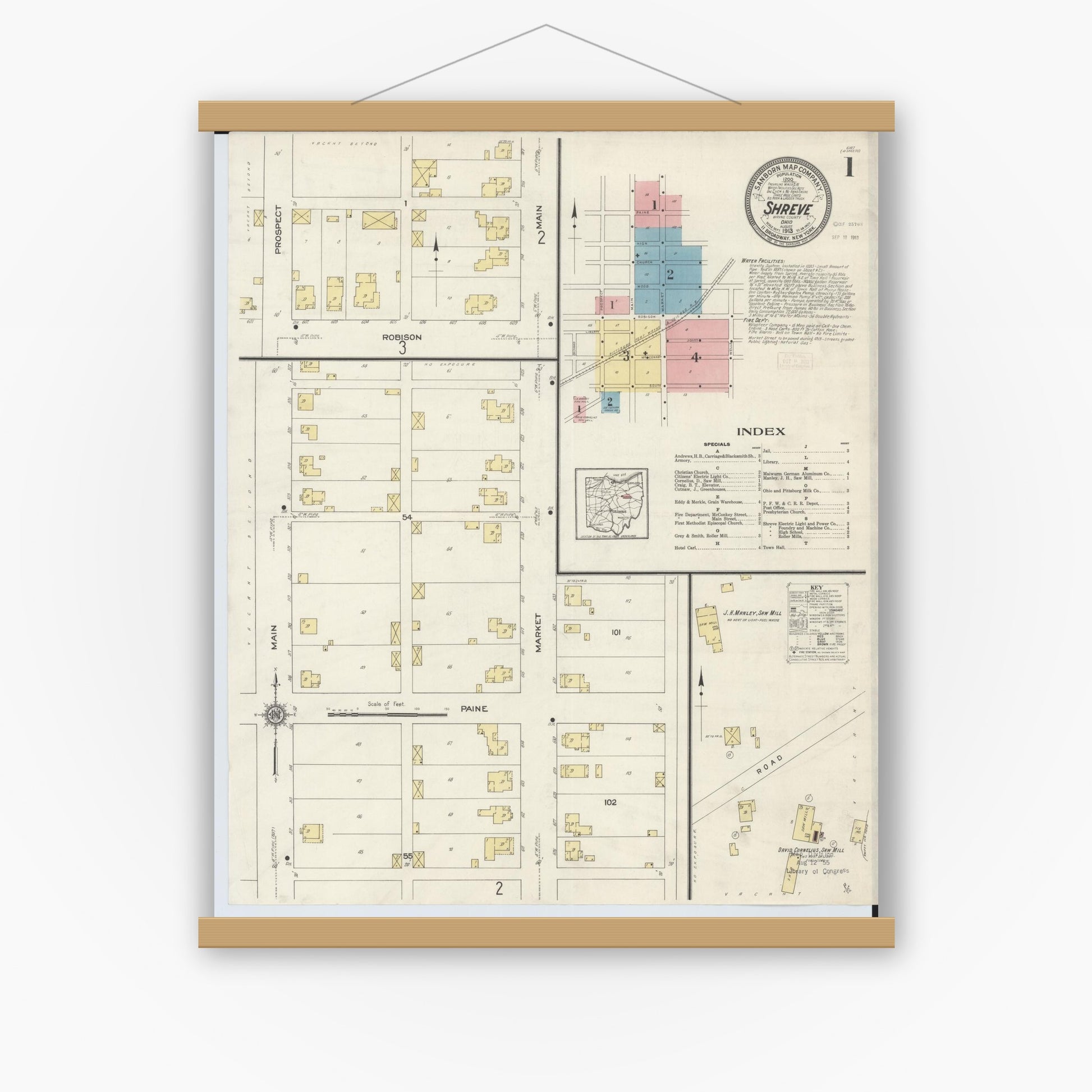 Old map wall art mockup — magnetic wood frame on white wall — Sanborn Fire Insurance Map from Shreve, Wayne County, Ohio (1913), Sheet #0001