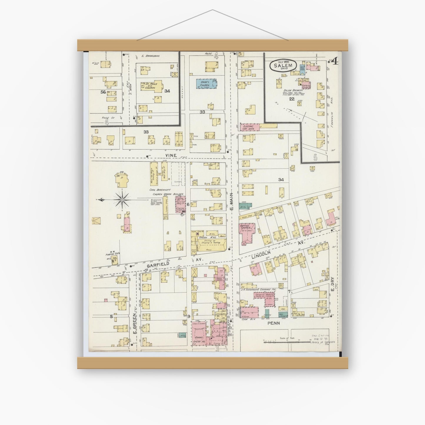 Old map wall art mockup — magnetic wood frame on white wall — Sanborn Fire Insurance Map from Salem, Columbiana County, Ohio (1892), Sheet #0004