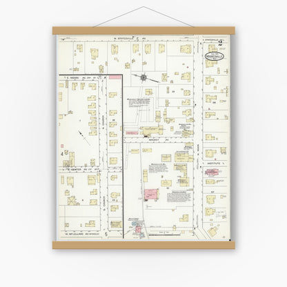 Old map wall art mockup — magnetic wood frame on white wall — Sanborn Fire Insurance Map from Mooresville, Iredell County, North Carolina (1914), Sheet #0002
