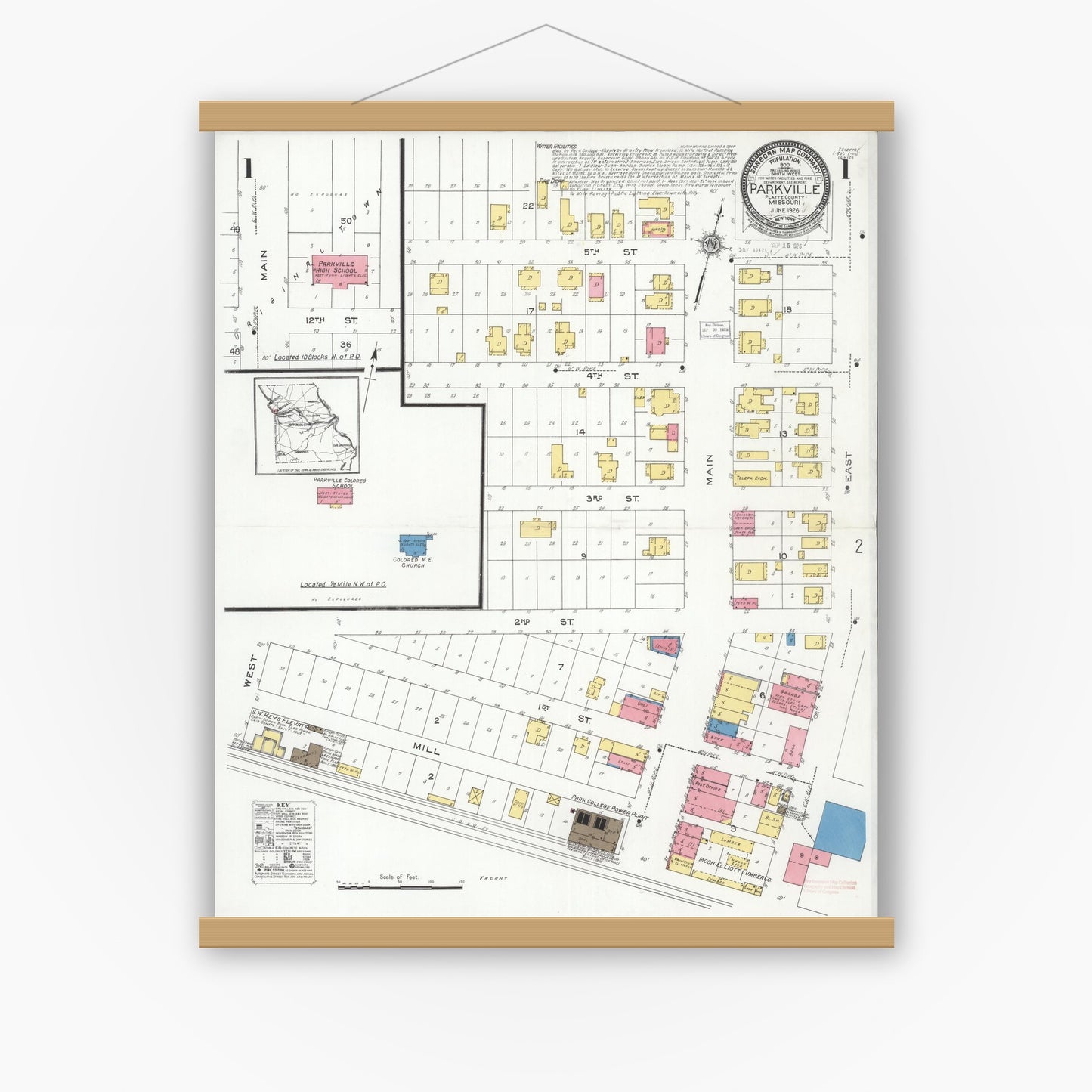 Old map wall art mockup — magnetic wood frame on white wall — Sanborn Fire Insurance Map from Parkville, Platte County, Missouri (1926) - Complete Map Set