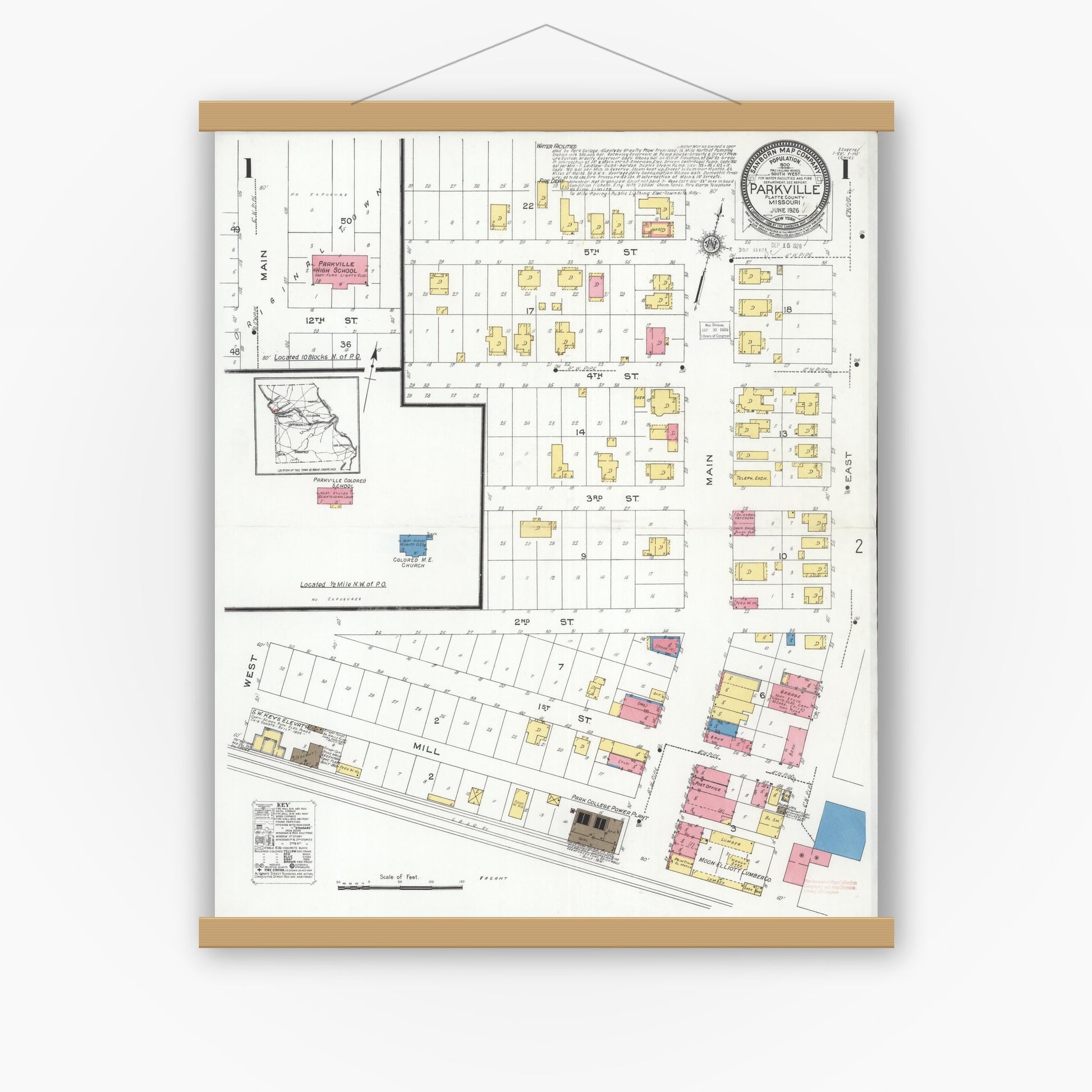 Old map wall art mockup — magnetic wood frame on white wall — Sanborn Fire Insurance Map from Parkville, Platte County, Missouri (1926) - Complete Map Set