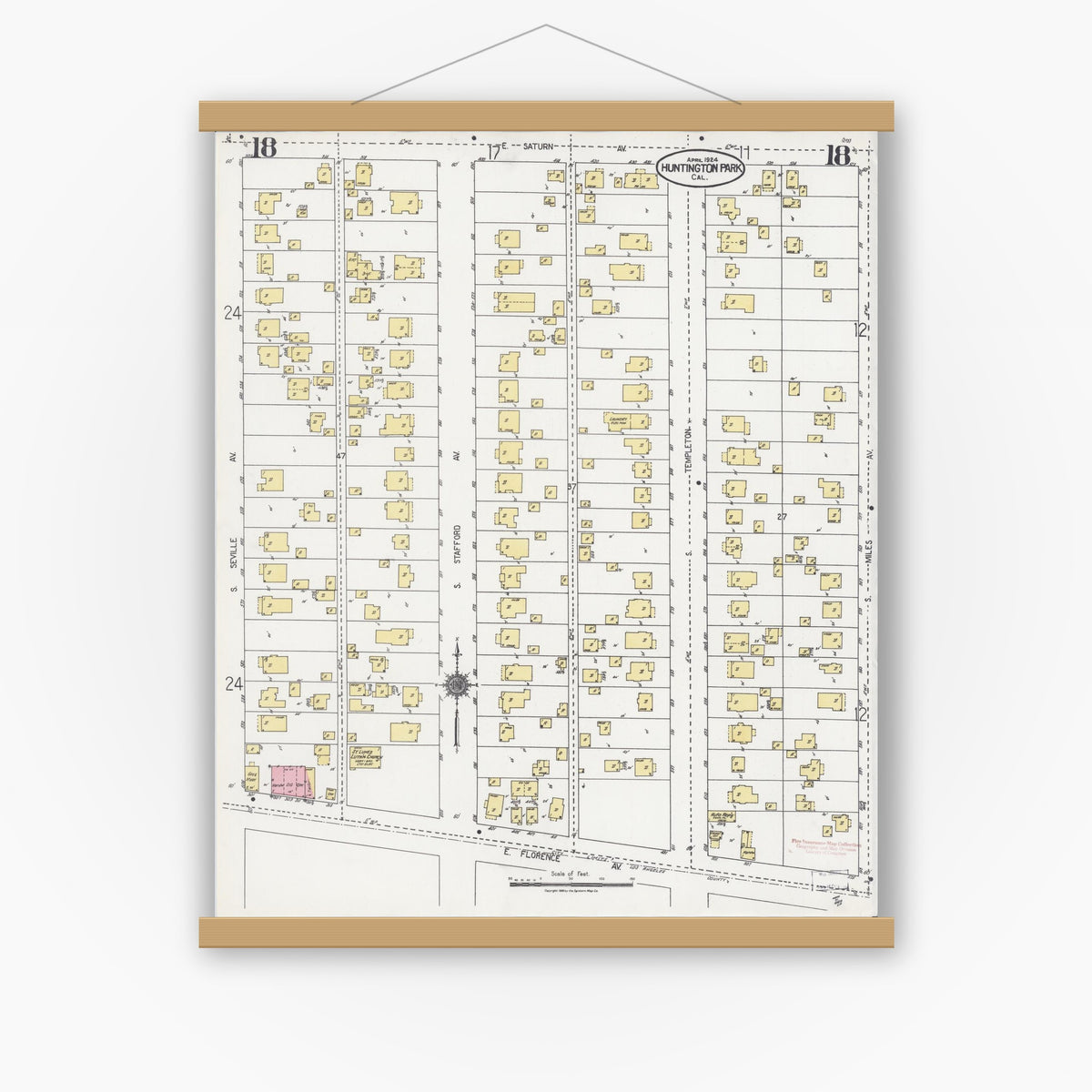 Old map wall art mockup — magnetic wood frame on white wall — Sanborn Fire Insurance Map from Huntington Park, Los Angeles County, California (1924), Sheet #0018