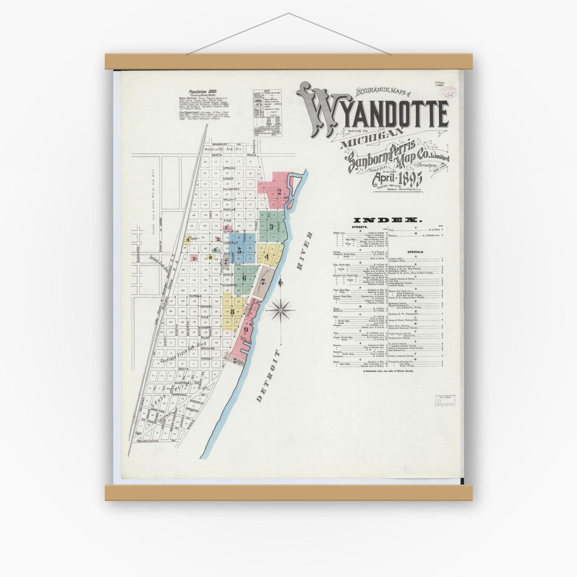 Old map wall art mockup — magnetic wood frame on white wall — Sanborn Fire Insurance Map from Wyandotte, Wayne County, Michigan (1895), Sheet #0001