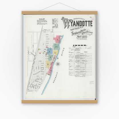 Old map wall art mockup — magnetic wood frame on white wall — Sanborn Fire Insurance Map from Wyandotte, Wayne County, Michigan (1895), Sheet #0001