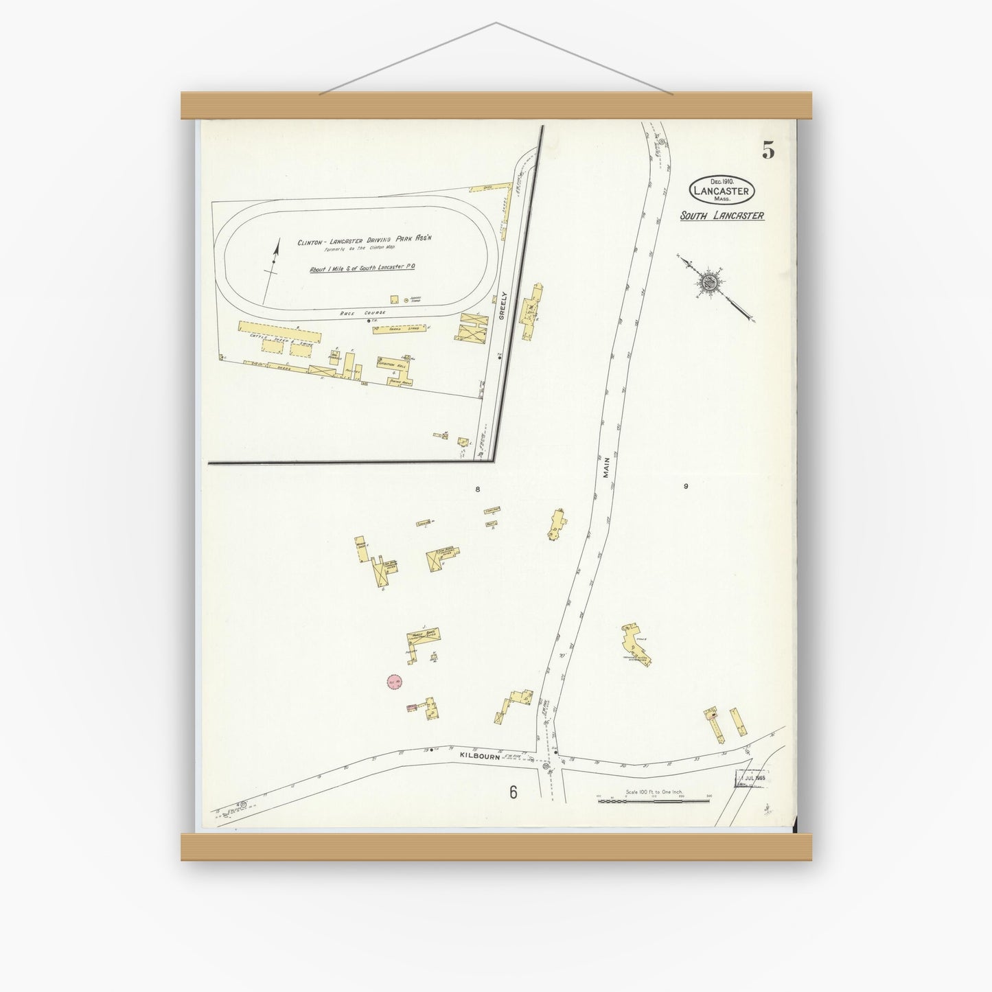 Old map wall art mockup — magnetic wood frame on white wall — Sanborn Fire Insurance Map from Lancaster, Worcester County, Massachusetts (1910), Sheet #0005