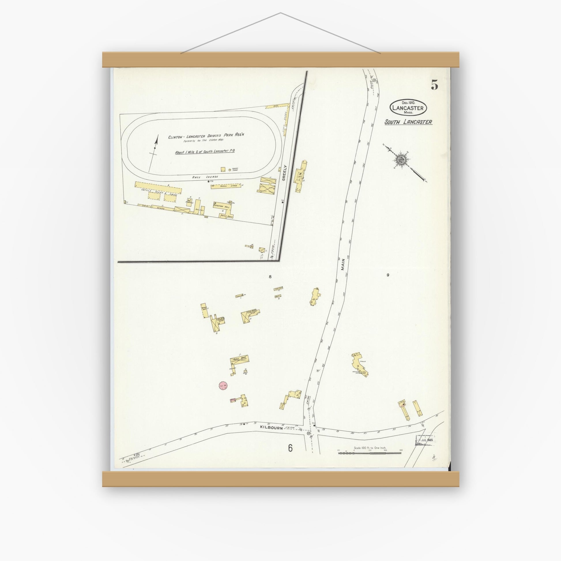 Old map wall art mockup — magnetic wood frame on white wall — Sanborn Fire Insurance Map from Lancaster, Worcester County, Massachusetts (1910), Sheet #0005