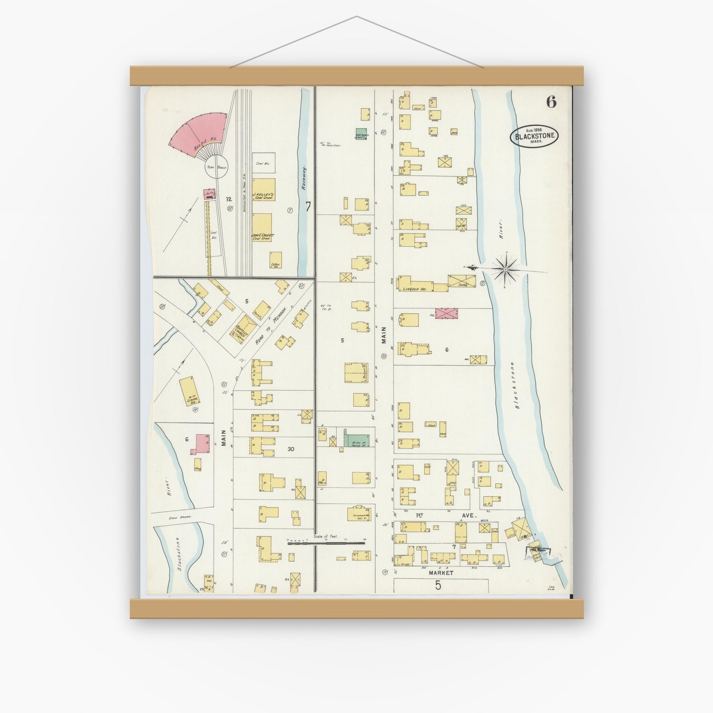 Old map wall art mockup — magnetic wood frame on white wall — Sanborn Fire Insurance Map from Blackstone, Worcester County, Massachusetts (1898), Sheet #0006