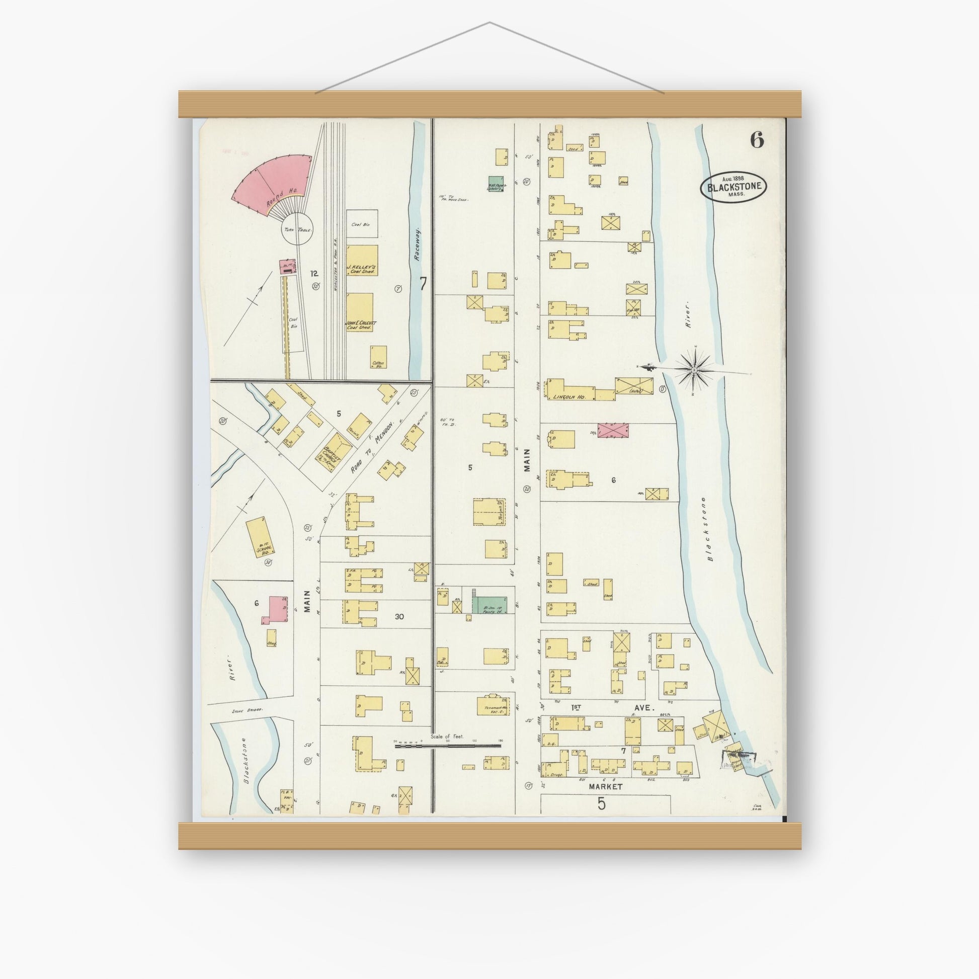 Old map wall art mockup — magnetic wood frame on white wall — Sanborn Fire Insurance Map from Blackstone, Worcester County, Massachusetts (1898), Sheet #0006