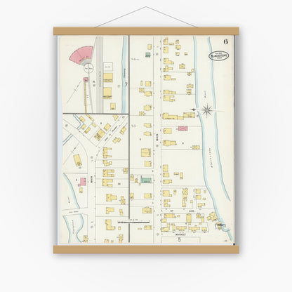 Old map wall art mockup — magnetic wood frame on white wall — Sanborn Fire Insurance Map from Blackstone, Worcester County, Massachusetts (1898), Sheet #0006