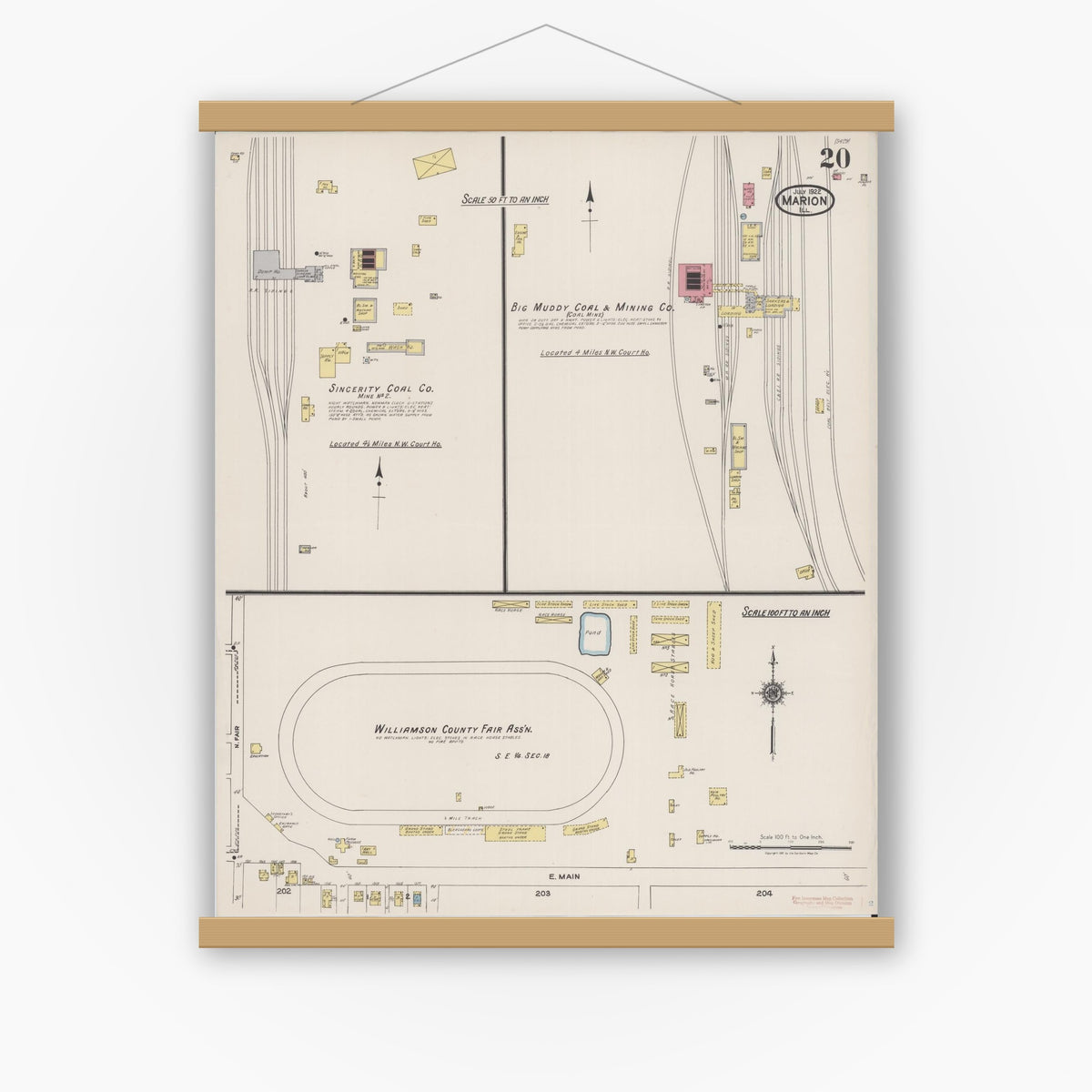 Old map wall art mockup — magnetic wood frame on white wall — Sanborn Fire Insurance Map from Marion, Williamson County, Illinois (1922), Sheet #0020