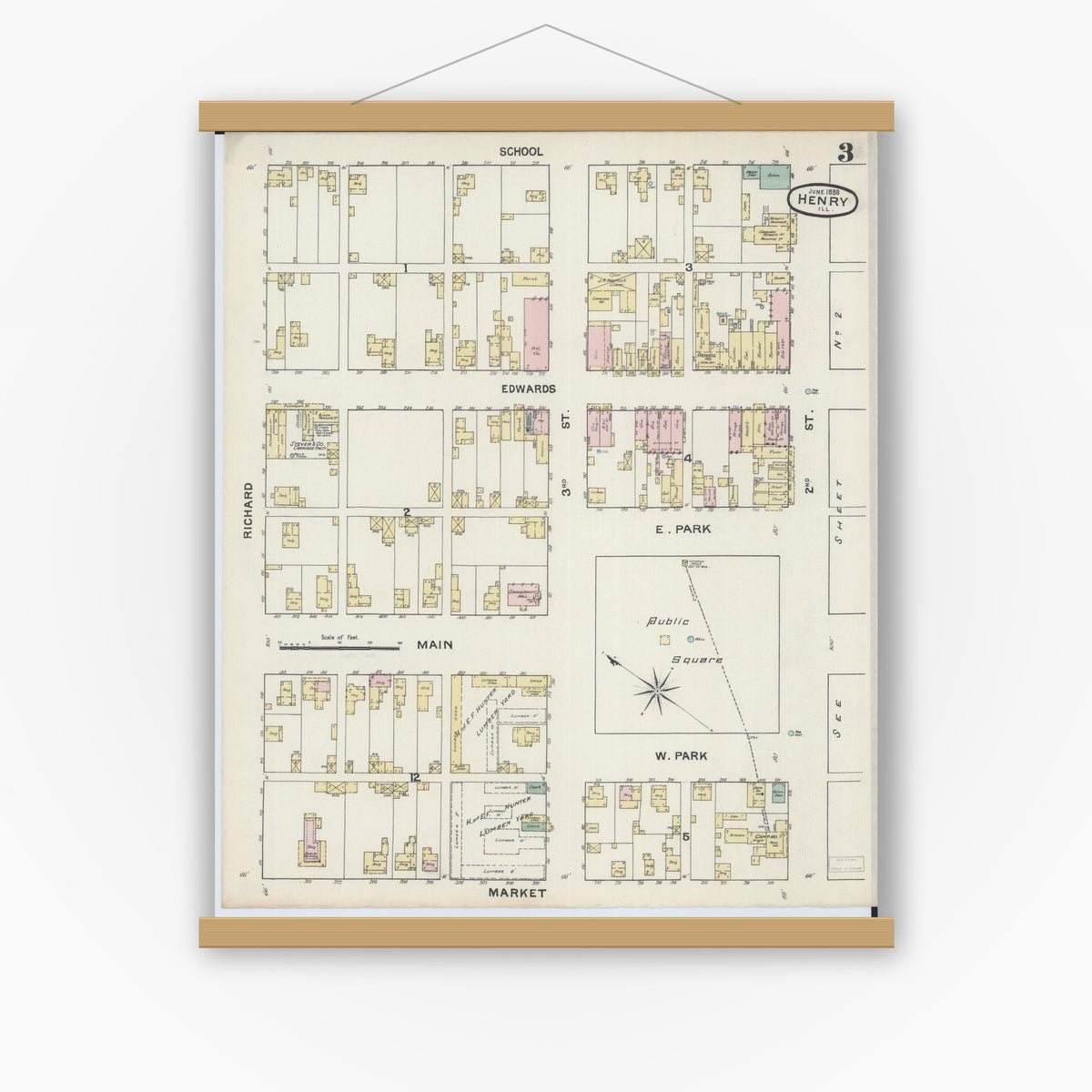 Old map wall art mockup — magnetic wood frame on white wall — Sanborn Fire Insurance Map from Henry, Marshall County, Illinois (1888), Sheet #0003