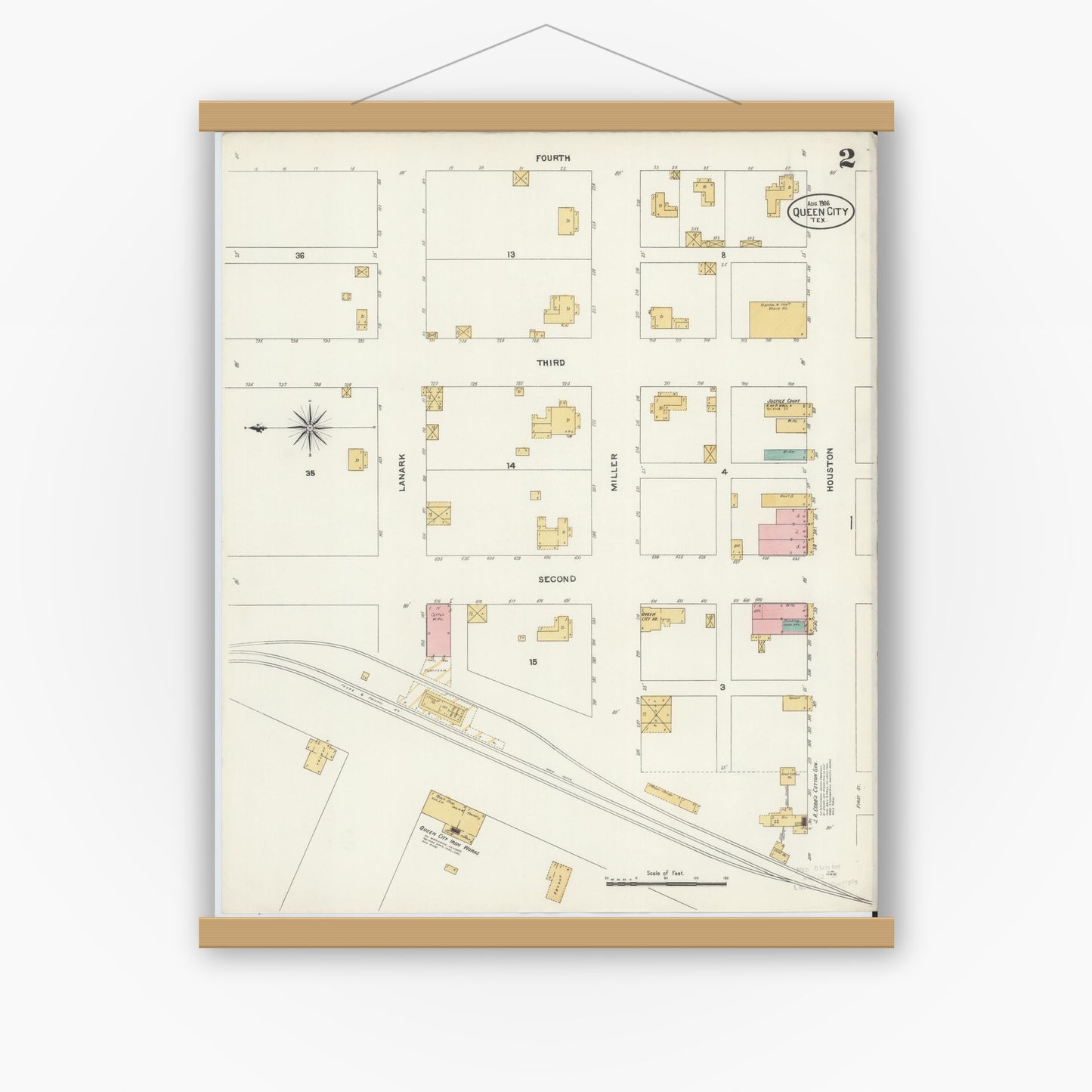 Old map wall art mockup — magnetic wood frame on white wall — Sanborn Fire Insurance Map from Queen City, Cass County, Texas (1906), Sheet #0002