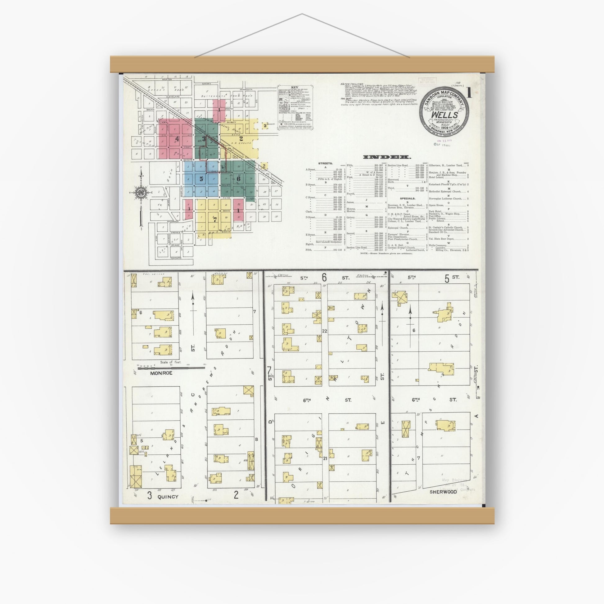 Old map wall art mockup — magnetic wood frame on white wall — Sanborn Fire Insurance Map from Wells, Faribault County, Minnesota (1909) - Complete Map Set