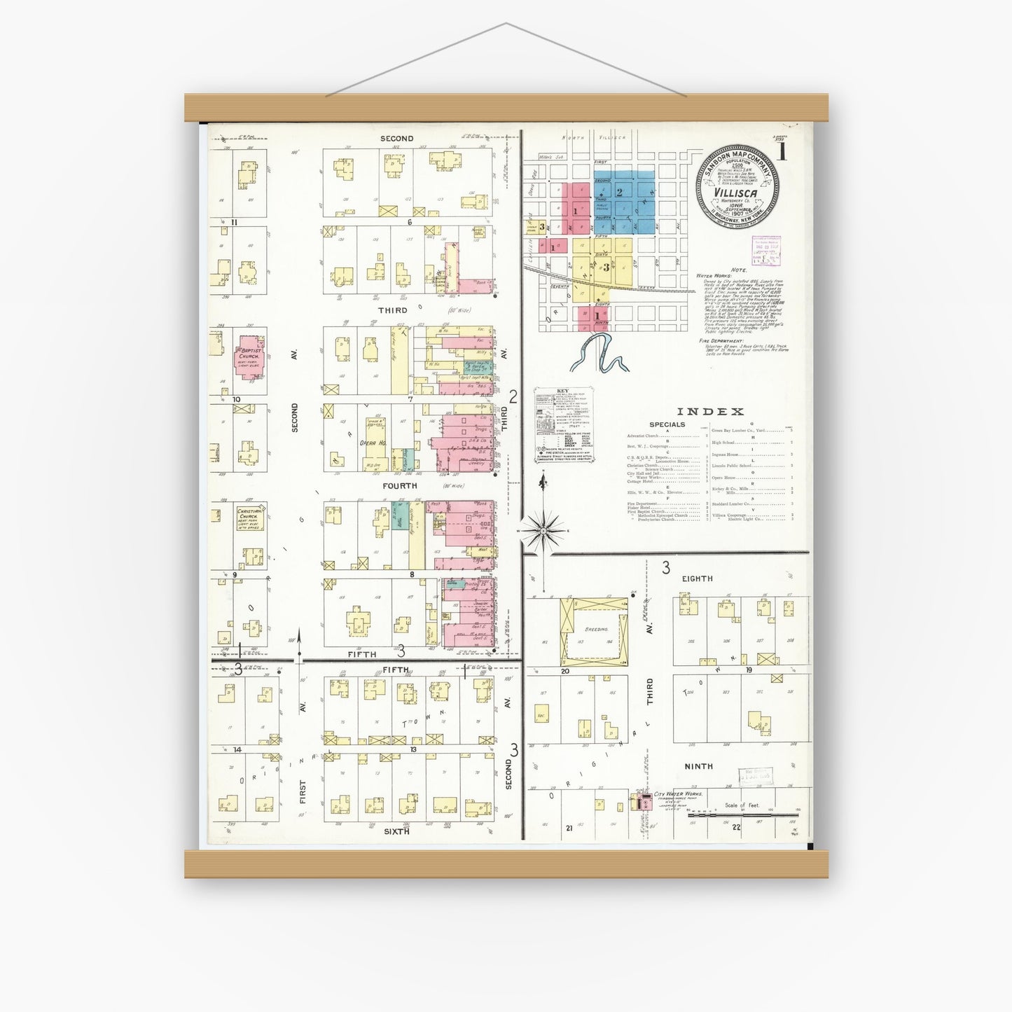 Old map wall art mockup — magnetic wood frame on white wall — Sanborn Fire Insurance Map from Villisca, Montgomery County, Iowa (1907) â€” Complete Set