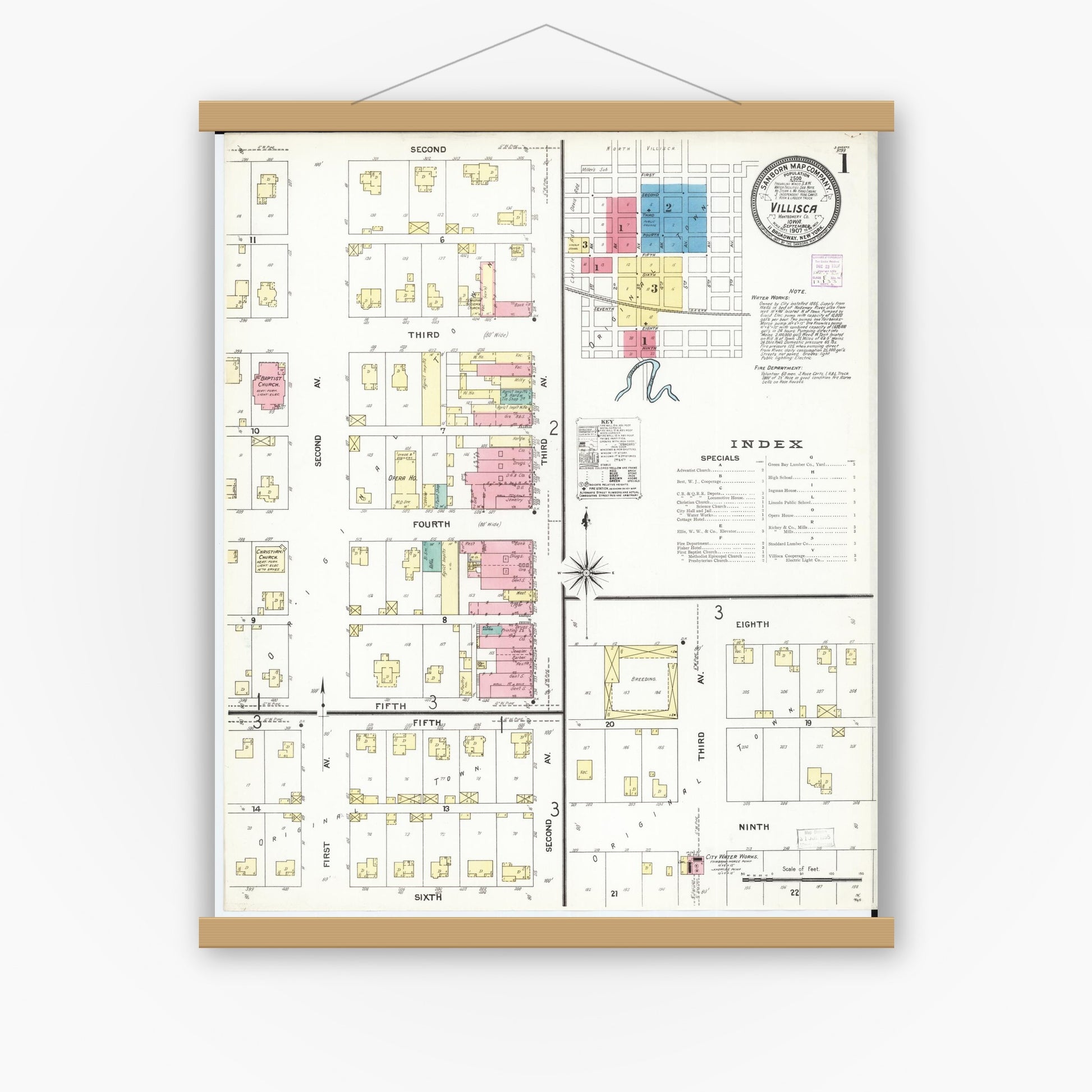 Old map wall art mockup — magnetic wood frame on white wall — Sanborn Fire Insurance Map from Villisca, Montgomery County, Iowa (1907) â€” Complete Set