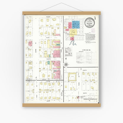 Old map wall art mockup — magnetic wood frame on white wall — Sanborn Fire Insurance Map from Villisca, Montgomery County, Iowa (1907) â€” Complete Set