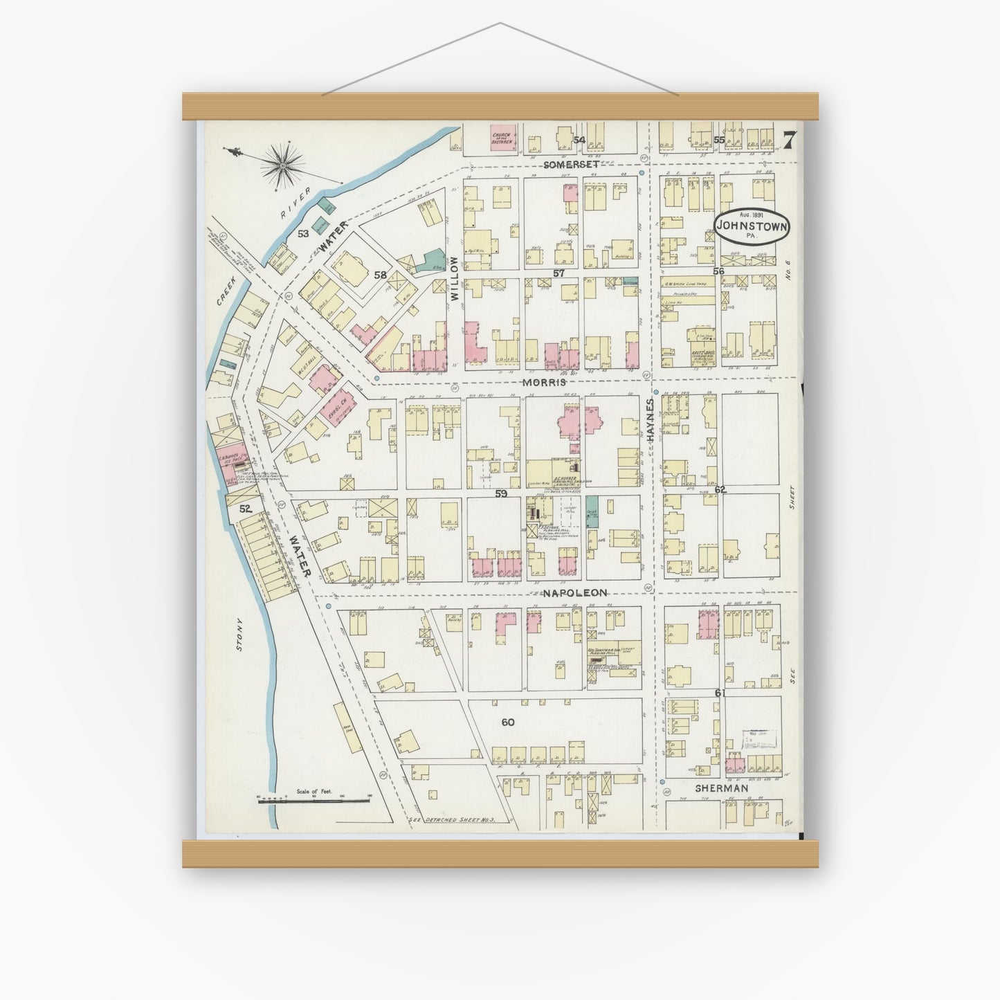 Old map wall art mockup — magnetic wood frame on white wall — Sanborn Fire Insurance Map from Johnstown, Cambria County, Pennsylvania (1891), Sheet #0007