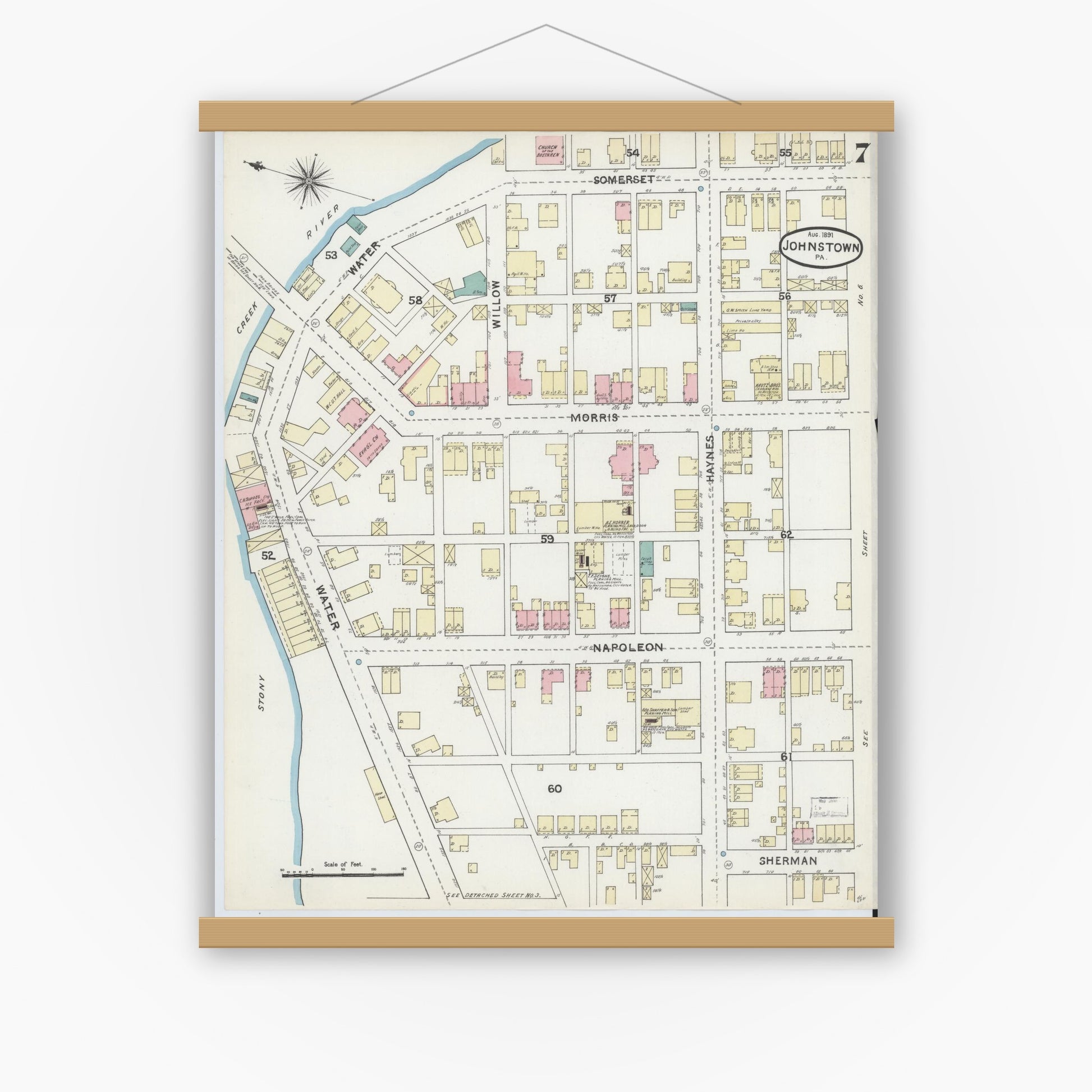 Old map wall art mockup — magnetic wood frame on white wall — Sanborn Fire Insurance Map from Johnstown, Cambria County, Pennsylvania (1891), Sheet #0007