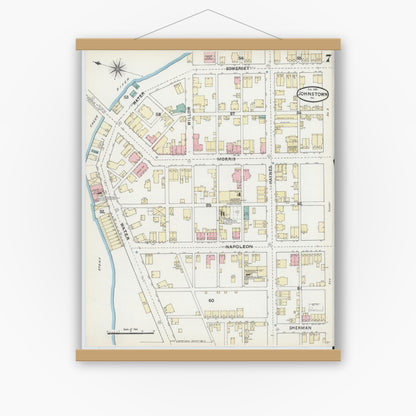 Old map wall art mockup — magnetic wood frame on white wall — Sanborn Fire Insurance Map from Johnstown, Cambria County, Pennsylvania (1891), Sheet #0007